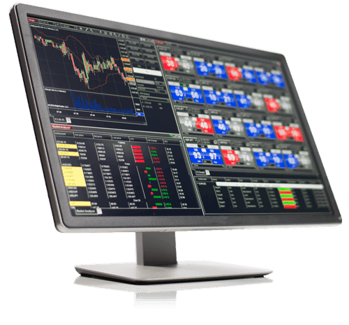 The NinjaTrader platform running charts, a SuperDOM and market analyzer on a desktop monitor